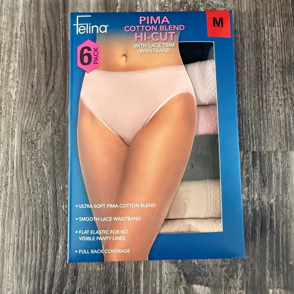 Felina Womens 6 Pack Pima Cotton Blend Hi-Cut Lace Undies sz Med MultiColor